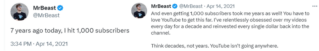 Mr. Beast tweets from 2021 describing how long it took him to gain followers