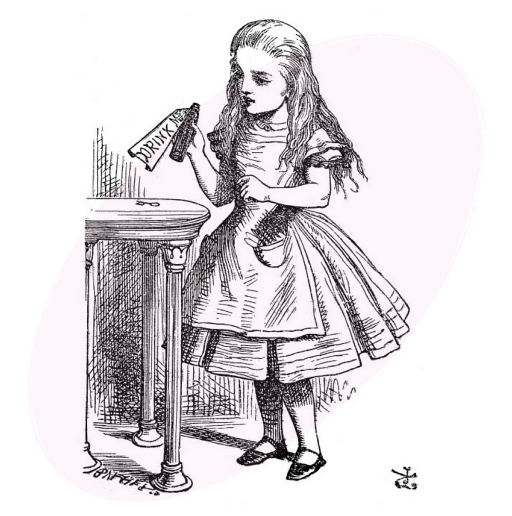 Alice in Wonderland Illustration: Alice find a bottle that says “Drink Me” on it