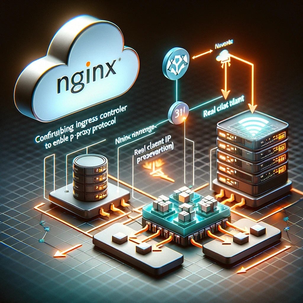 This image illustrates the setup of the NGINX Ingress Controller on AWS EKS with Proxy Protocol, showing a simplified AWS EKS cluster connected to a Classic Load Balancer and the NGINX logo.
