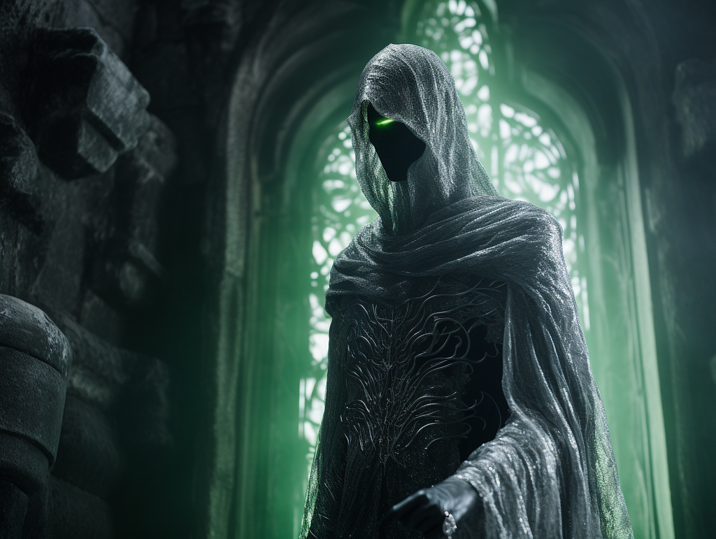 The ageless Guardian, a ghostly figure in chainmail, his ethereal form shimmering at the castle’s main gates, forever ensuring its safety. Illuminated with ghostly greens and radiant silvers, creating a sense of timelessness. Fujifilm GFX — ar 4:3