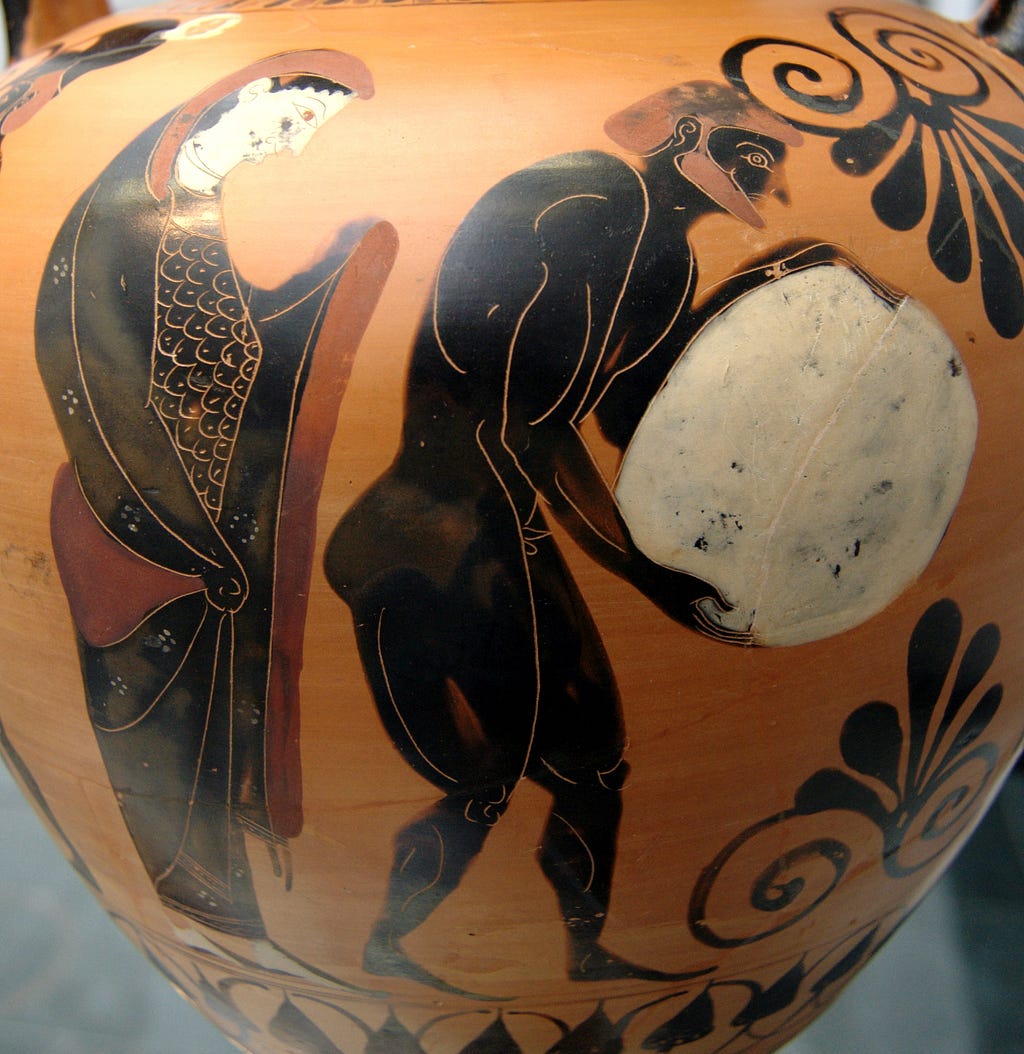 Antique Greek Vase depicting Persephone overseeing Sisyphus taking his stone to the underworld.