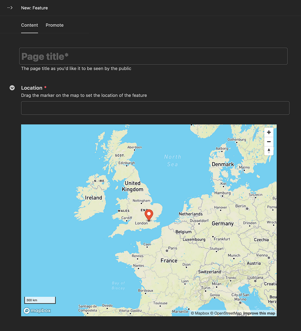 The admin area in Wagtail CMS, showing a map with draggable marker.