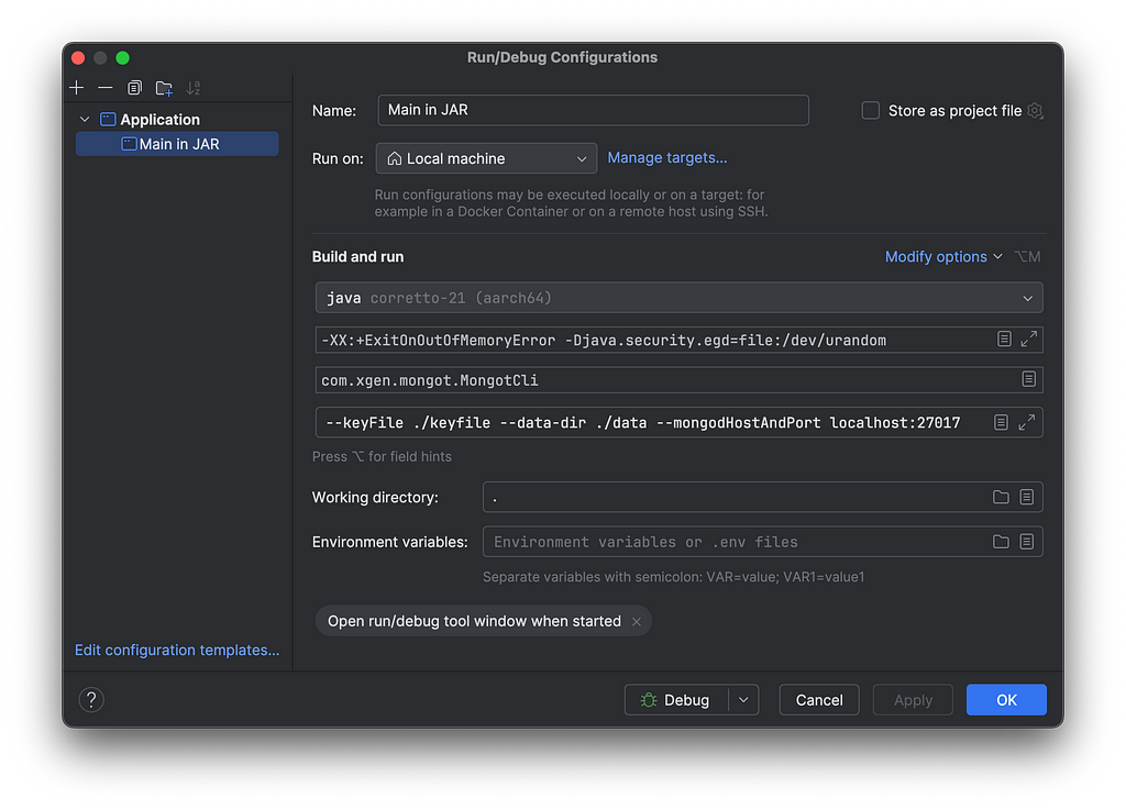 Picture of IntelliJ run configuration: java -agentlib:jdwp=transport=dt_socket,address=127.0.0.1:64779,suspend=y,server=n -XX:+ExitOnOutOfMemoryError -Djava.security.egd=file:/dev/urandom com.xgen.mongot.MongotCli — keyFile ./keyfile — data-dir ./data — mongodHostAndPort localhost:27017