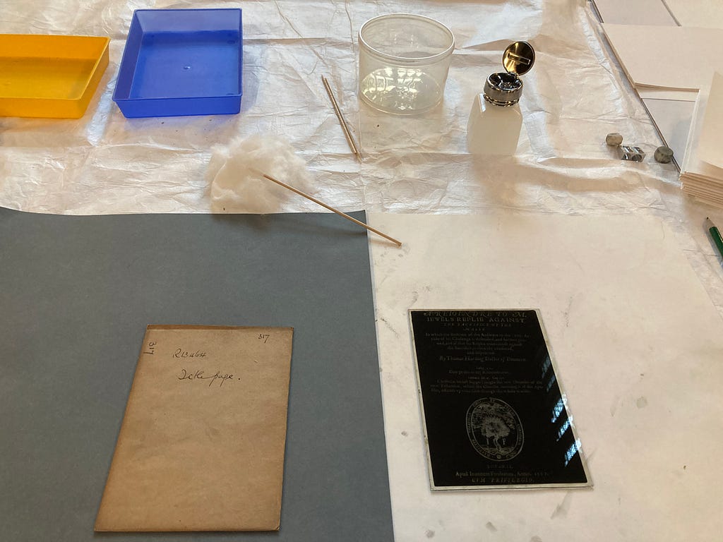 The typical cleaning set up: cotton wool, ethanol solution, and the glass plate     [Image credit: Iris Matthews]