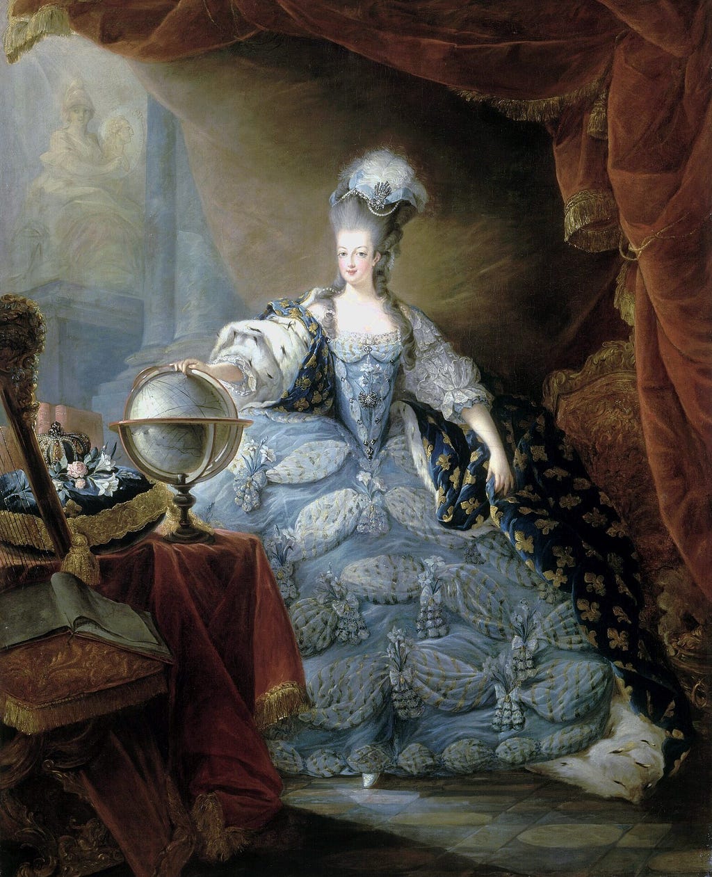 An old painting of Marie-Antoinette in a large blue dress. Her right hand rests on an earth globe.