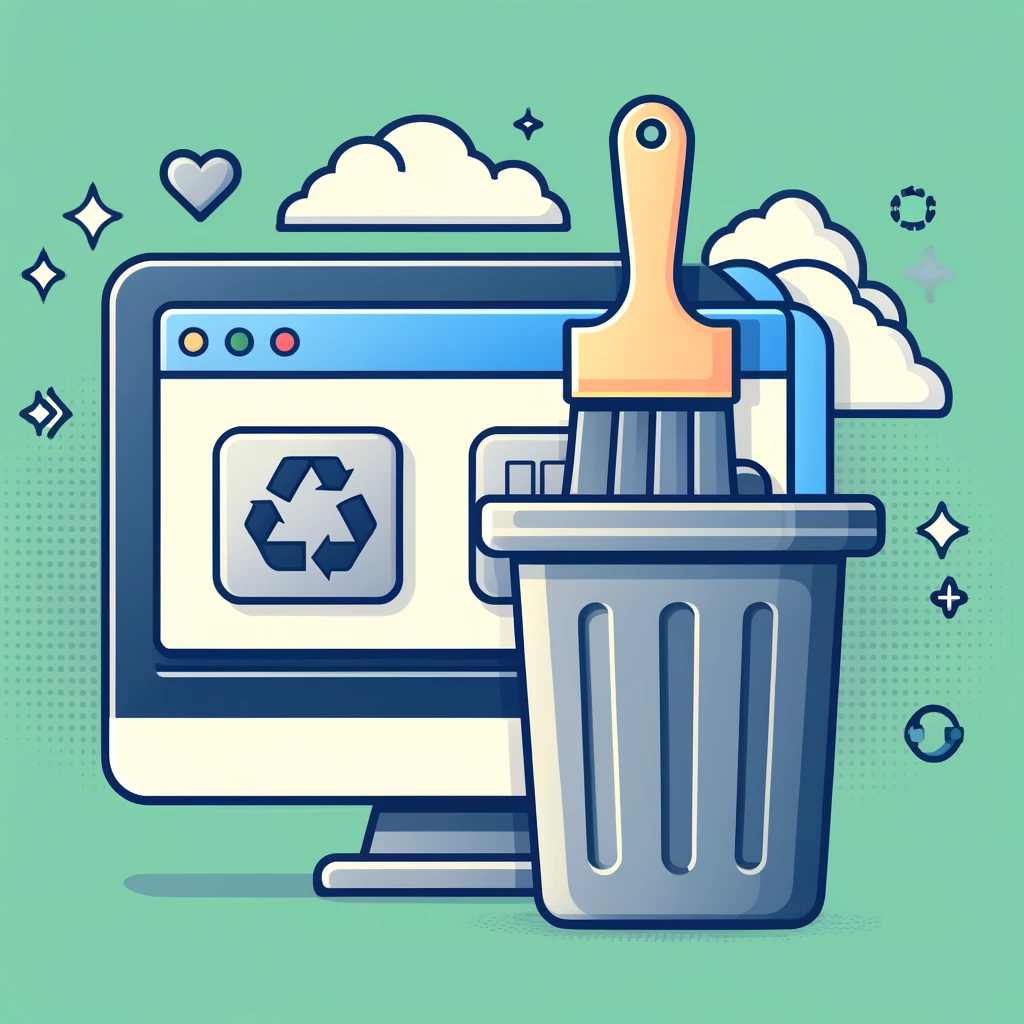 clearing temporary files, with a computer cleaning tool and a trash bin icon