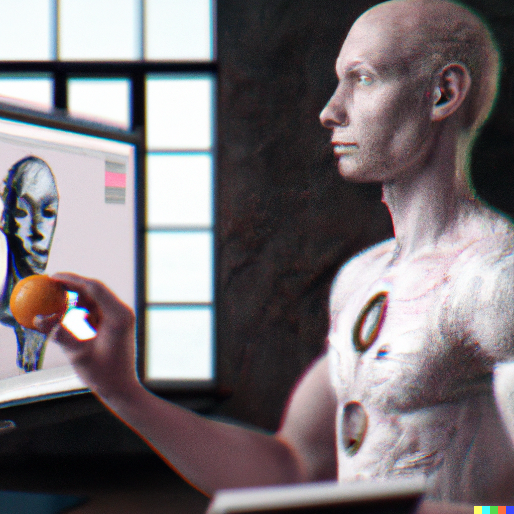 AI generated image of a man holding an orange and facing a computer