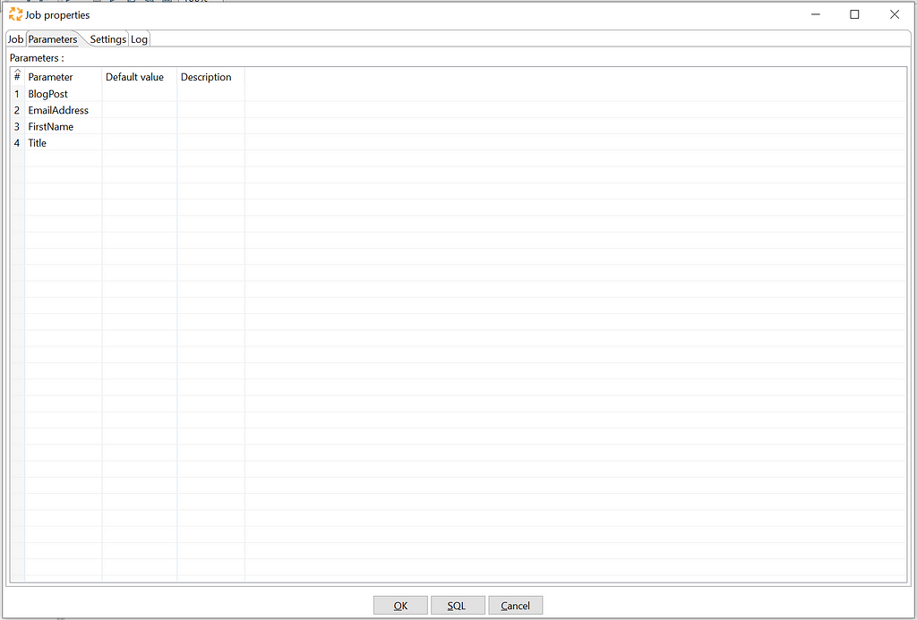 Parameter tab of the job properties Screenshot