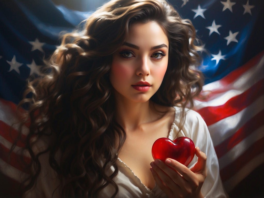 Womand holding a red heart with the American Flag in the background to honor the American Heart Month.
