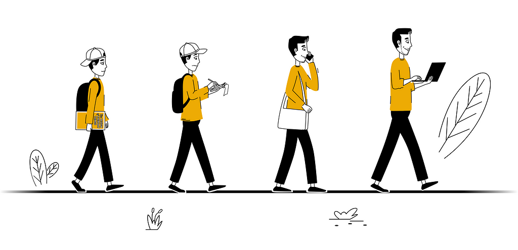 A graphic of one man at four different ages, illustrating the evolution of a design career