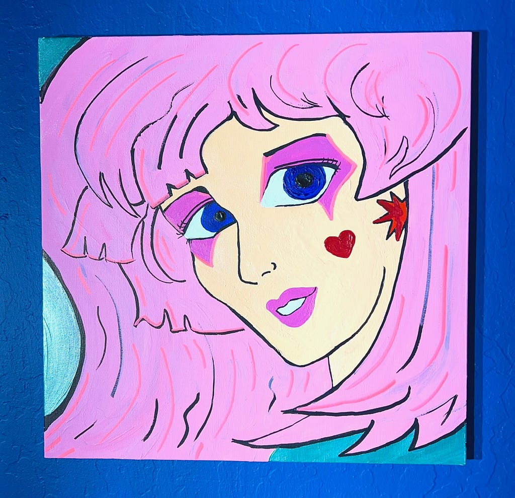 Acrylic painting of white woman with pink hair, red star earrings, and a heart on her cheek.