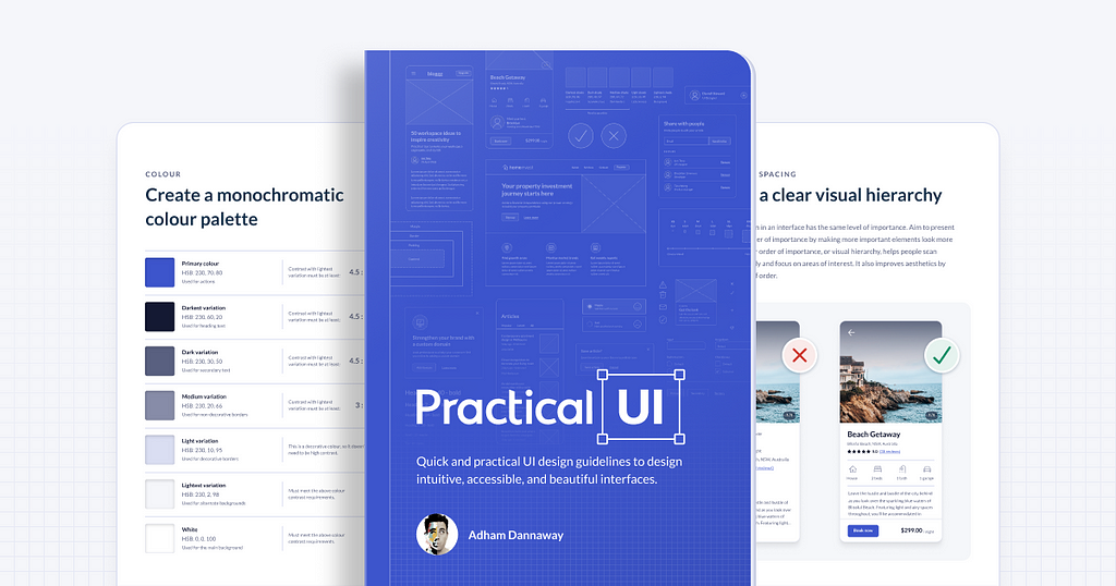 UI design book cover with a few example inner pages.