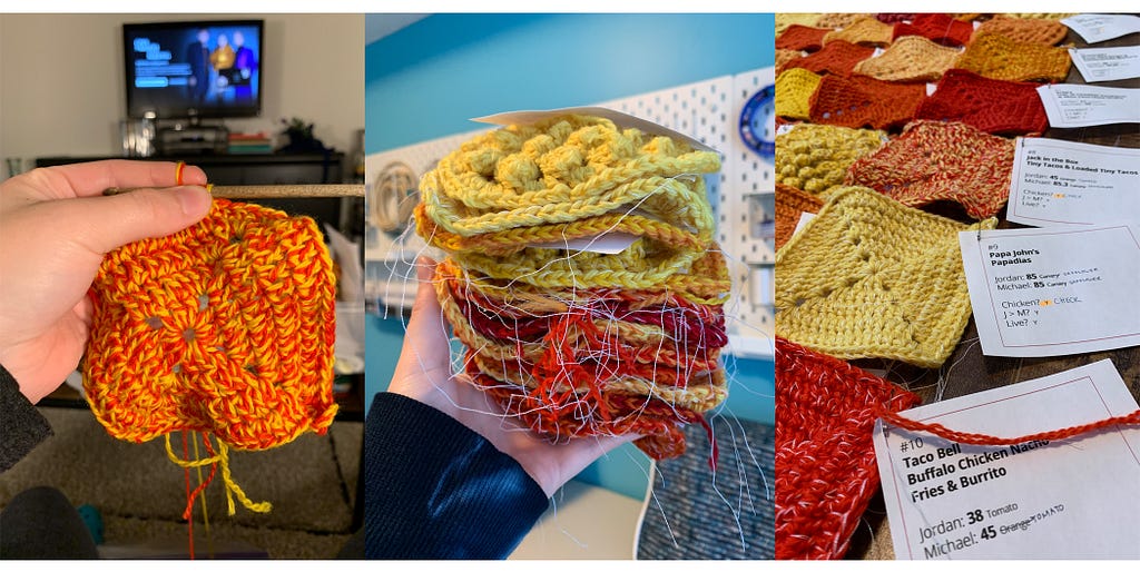 Left photo: A hand holds up a half-finished granny square. Middle photo: A hand holds a stack of granny squares. Right photo: Granny squares are arranged on the floor but are not joined together.