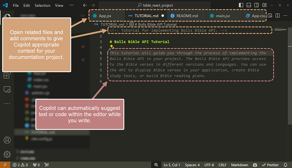 Copilot in VS Code suggesting text based on opened files and comments.