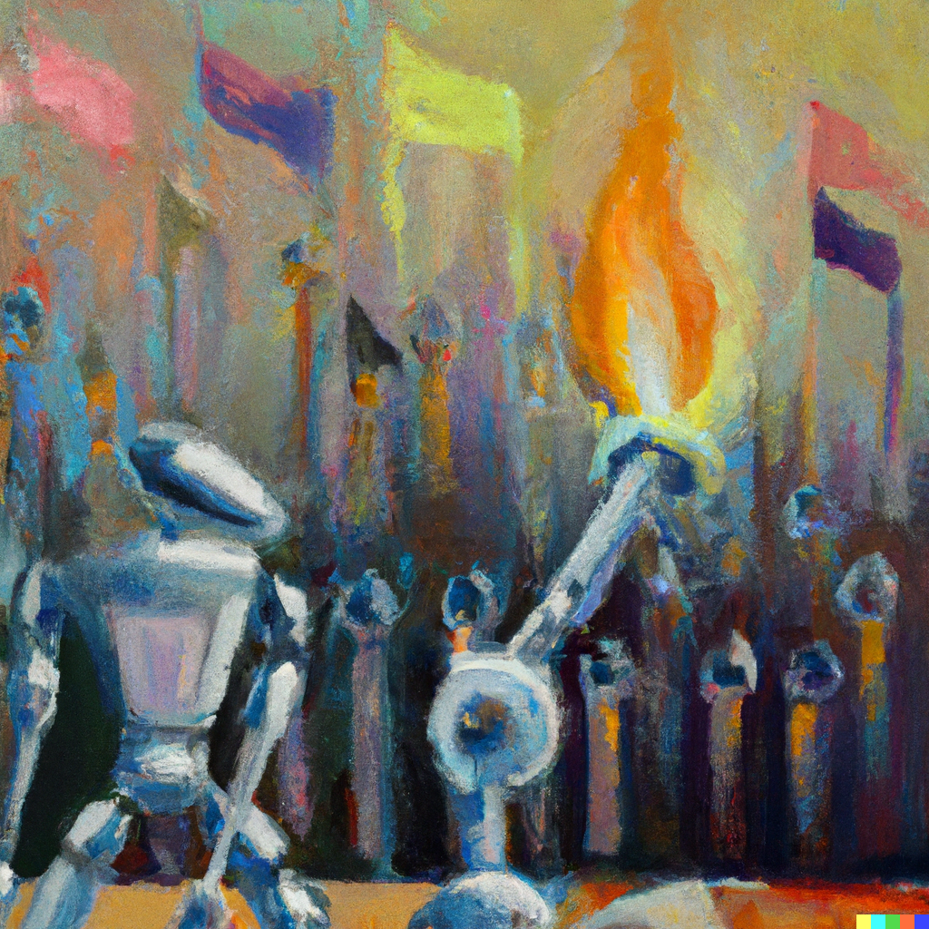 Impressionist oil painting futuristic of robots carrying a torch