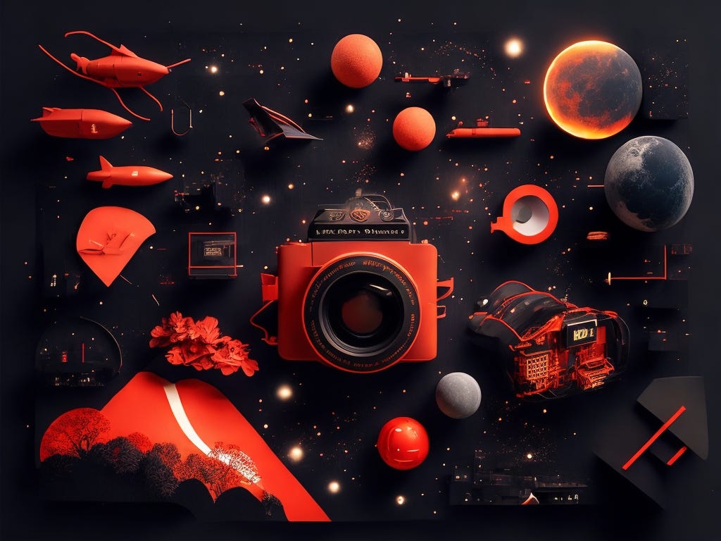 AI-generated art in the paper style with a starry black sky and rusty orange elements that include a large camera, planets, a mountain with trees, and spaceships.