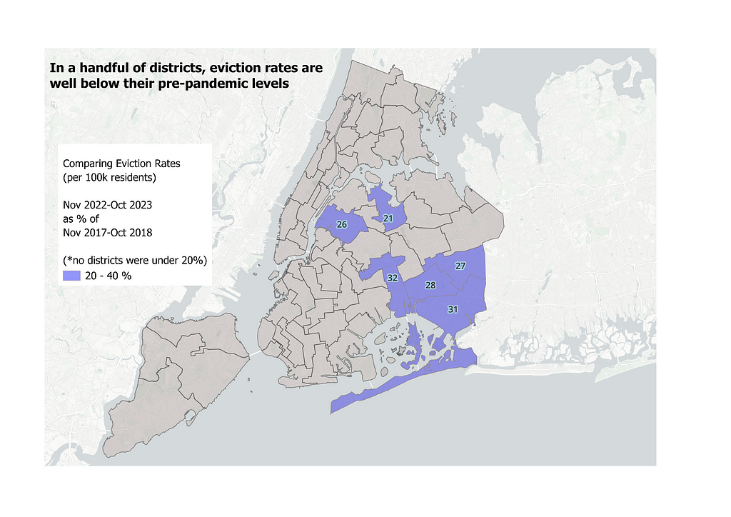 Continuing from previous two maps. Six districts are highlighted in blue (listed in text below) because the number of evictions over the past year was 40% of the number of evictions in the period 5 years prior.