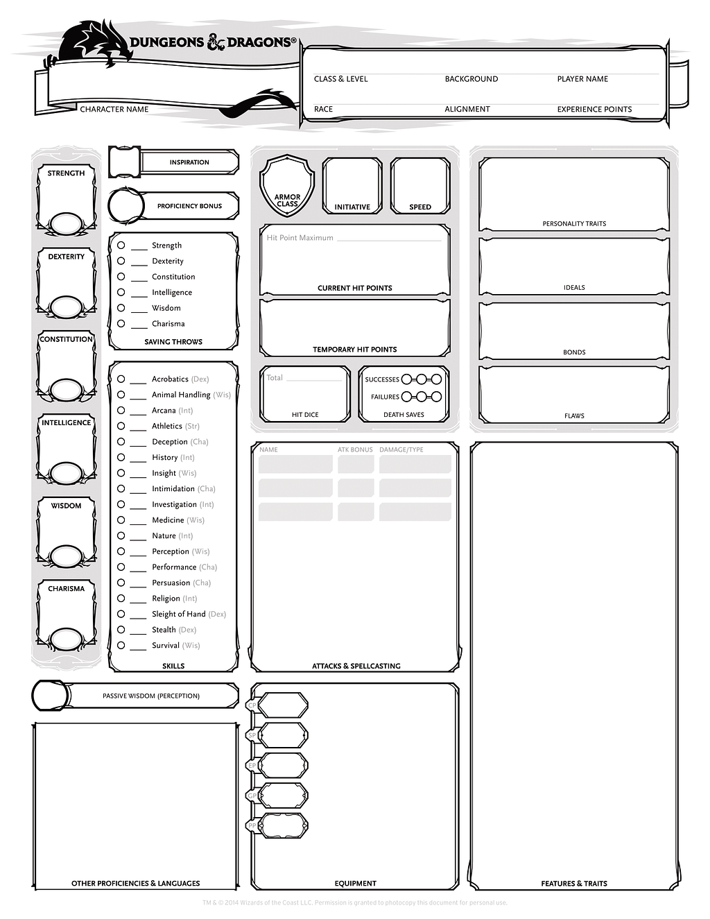 Dungeons and Dragons Character Sheet