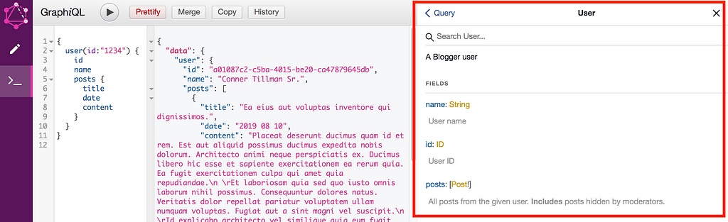 Screenshot of iGraphQL with the documentation pane hightlighted