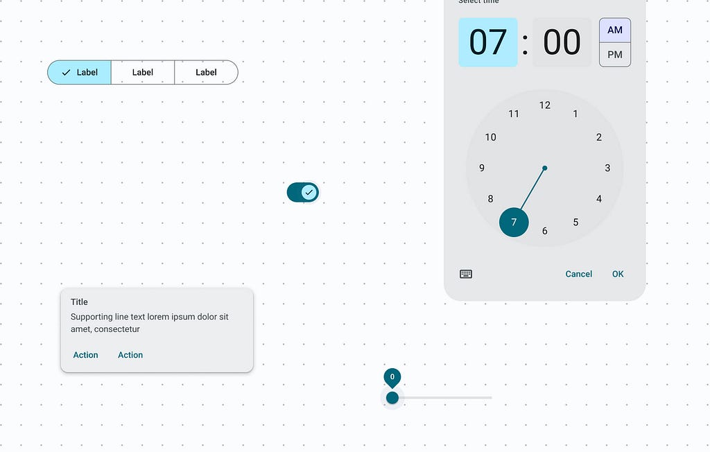 Set of Material Design components: Dial Picker, switch, Segmented button etc