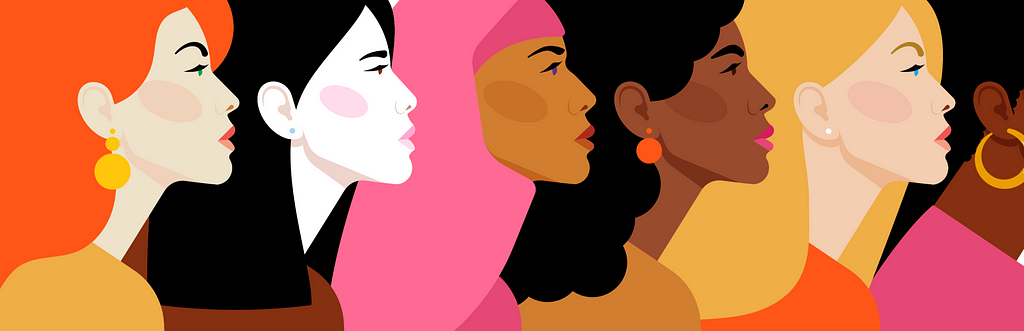 Ilustração digital que mostra o perfil de várias mulheres, em cores complementares que criam um padrão repetitivo.