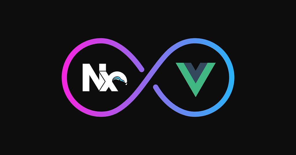 Nx logo and Vue/js logo inside an infinity sign with the HeroDevs colors