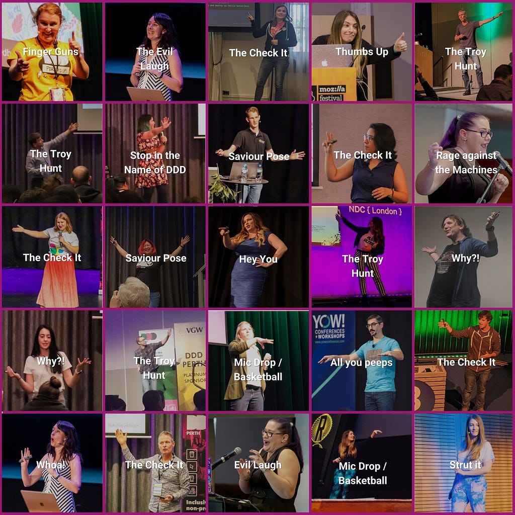 Speaker Pose Bingo card: 25 images in a square grid, of speakers on stage.