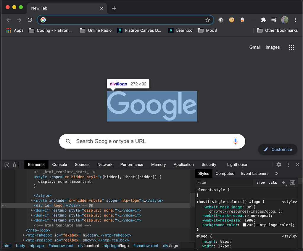 a screen shot of opening Chrome DevTools by a left-click on an element