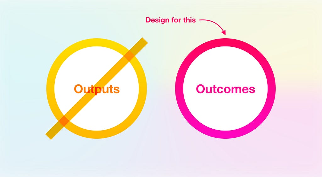 A diagram with two circles: One crossed-out circle labelled ‘outputs,’ and another labelled ‘outcomes.’