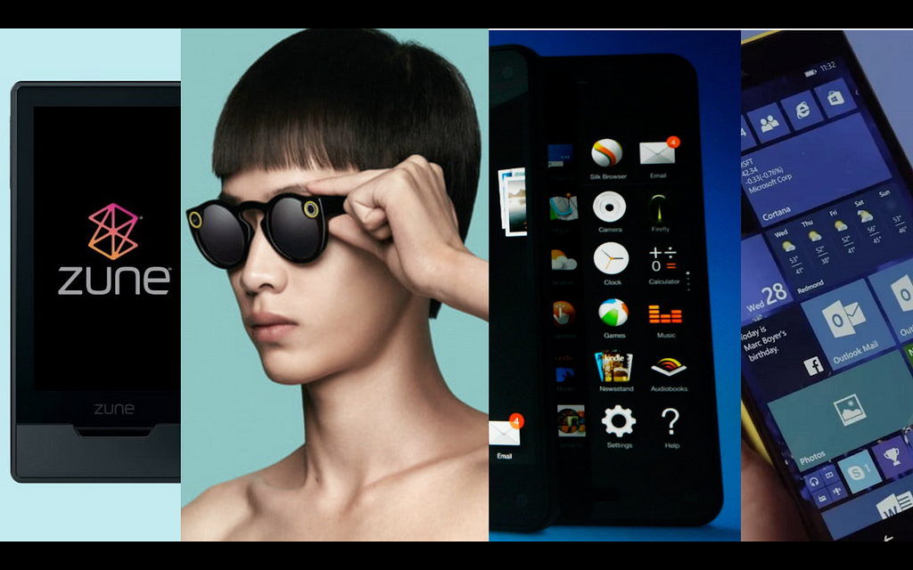 LTR: MS Zune, Snap Spectacles, Amazon Fire Phone, Windows Phone