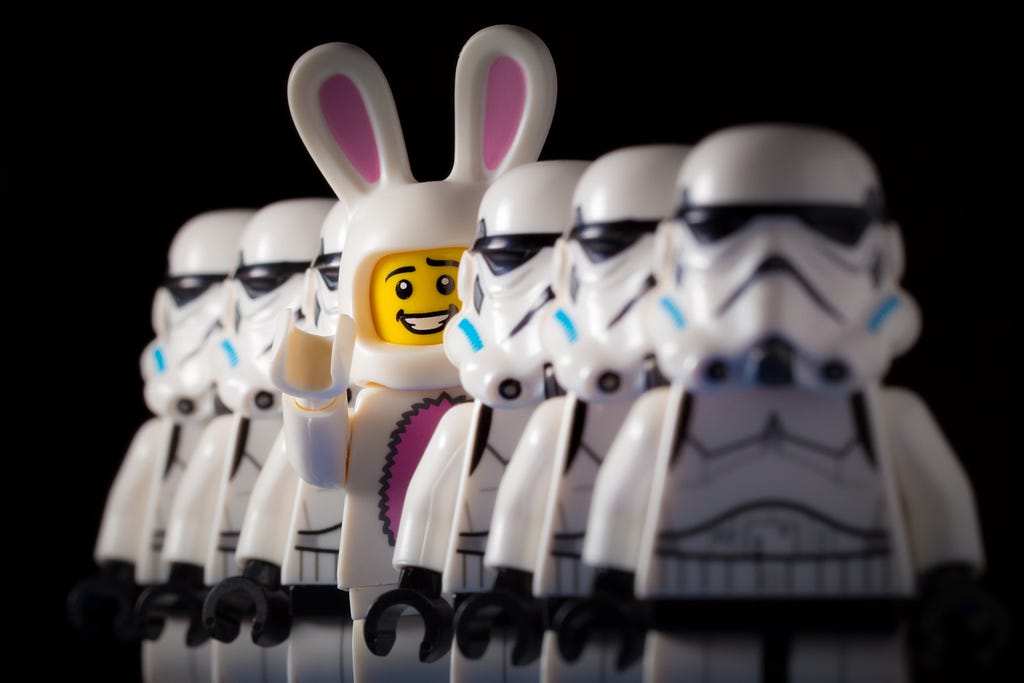 Bunny in a line of lego storm troopers