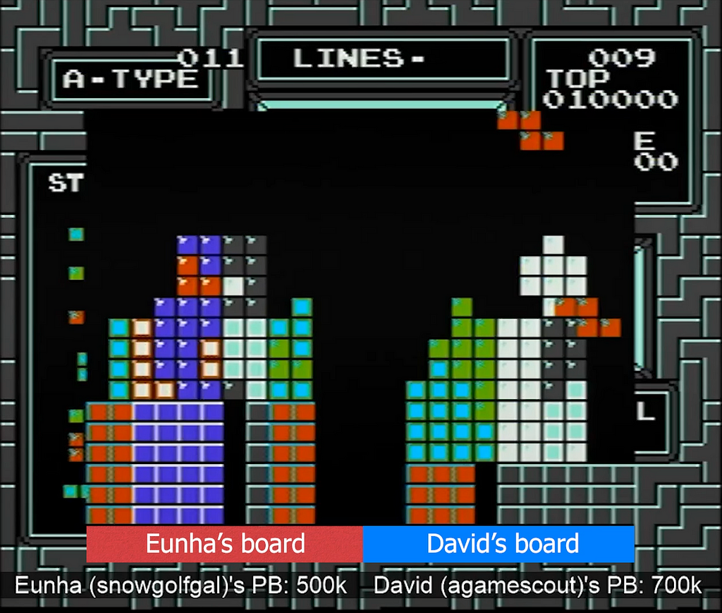 Example screenshot of the hidden 2 player mode in NES Tetris