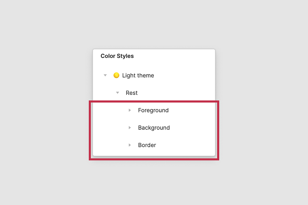 Figma UI Color Styles panel showing folders called “Foreground”, “Background”, and “Border.”
