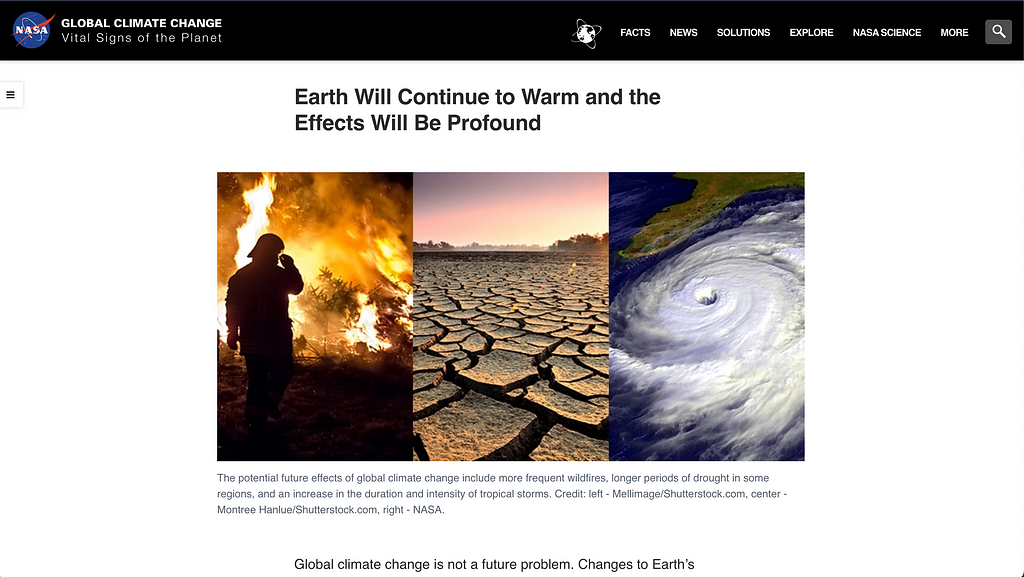 Screenshot of NASA Climate Change website that says: Earth will continue to warm and the effects will be profound. 3 pictures of natural disaster