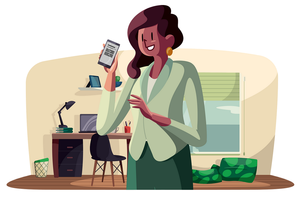 Ilustração de uma mulher negra em pé, com cabelos de altura média, casaco verde claro e saia verde escuro. Em uma de suas mãos mostra um celular. Ao fundo, um escritório.