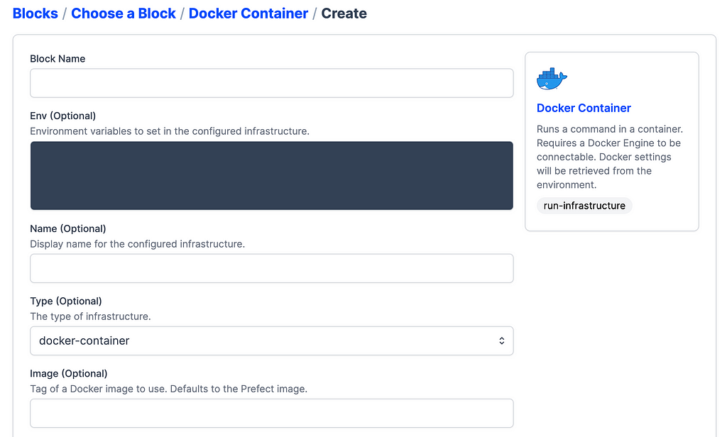 Docker container block creation GUI interface screenshot