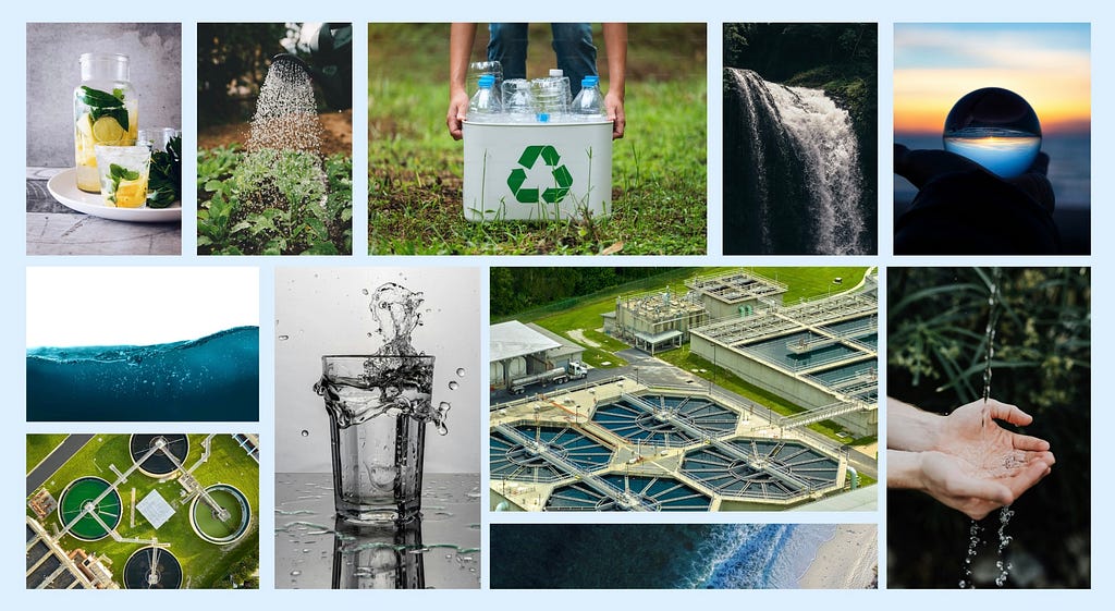 Cluster of images related to water, nature, recycling, and waterplants.