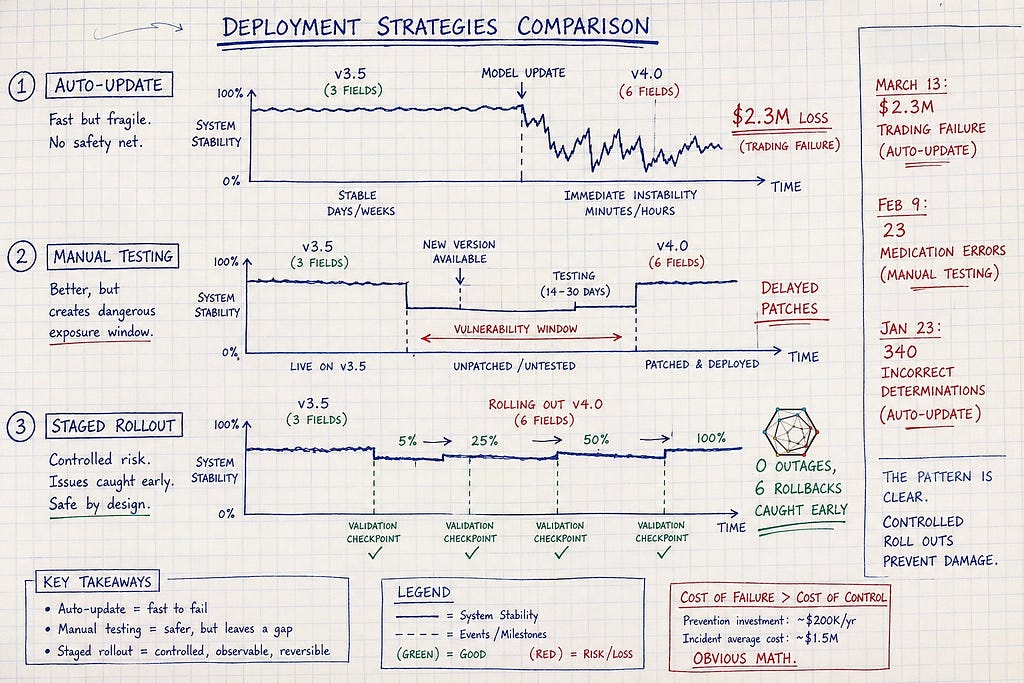 Hand-drawn timeline comparison on graph paper showing three LLM model update strategies — auto-update (sudden production break, $2.3M loss), manual testing (slow deployment, vulnerability gaps), and staged rollout (gradual 5→25→50→100% with validation gates catching issues early). Ballpoint pen with visible corrections and margin annotations documenting real incidents.