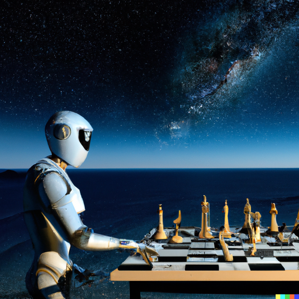 A humanoid robot playing chess alone in front of a the Mediterranean Sea, at a starry night with UFOs arriving to earth