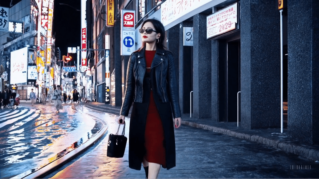 Prompt: A stylish woman walks down a Tokyo street filled with warm glowing neon and animated city signage. She wears a black leather jacket, a long red dress, and black boots, and carries a black purse. She wears sunglasses and red lipstick. She walks confidently and casually. The street is damp and reflective, creating a mirror effect of the colorful lights. Many pedestrians walk about.