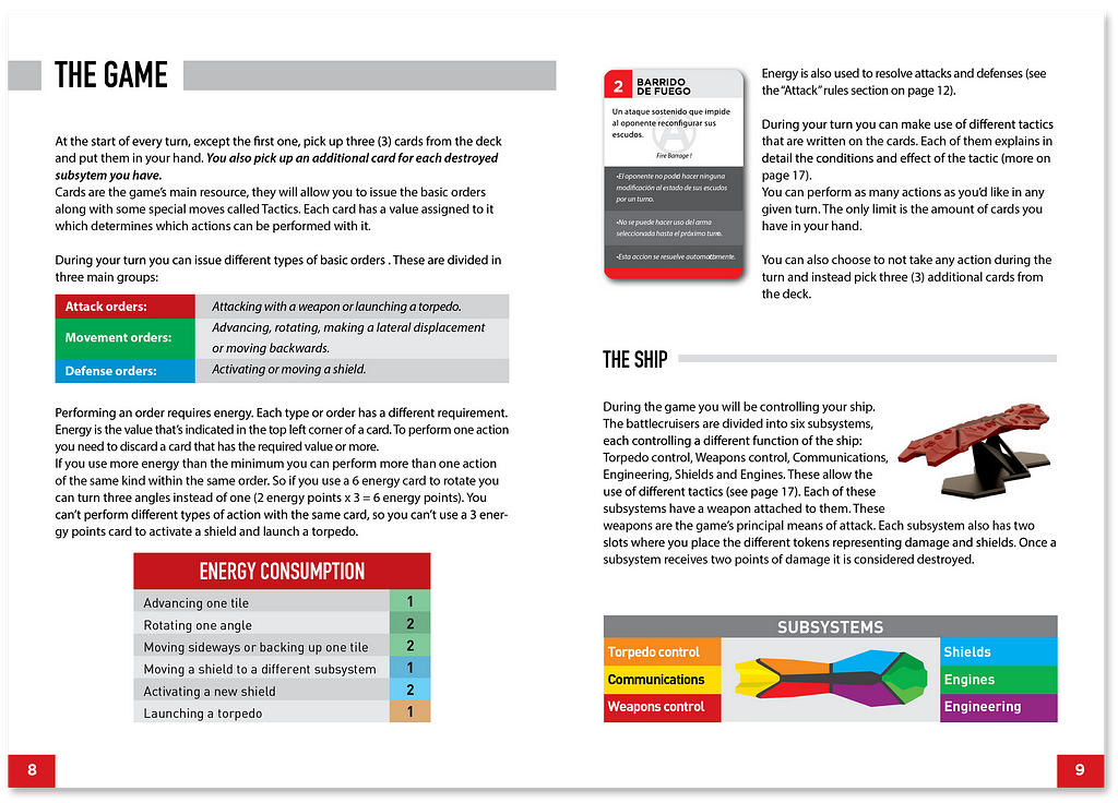 A spread of the rulebook showing different explanations for the game mechanics and rules.