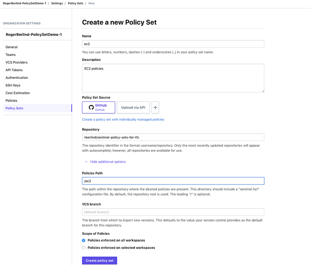 The TFC UI Screen that Allows Creation of a New Policy Set