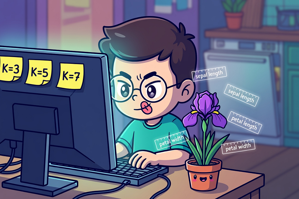 Cartoon developer at glowing terminal with floating Iris flower and small rulers labeled sepal and petal length