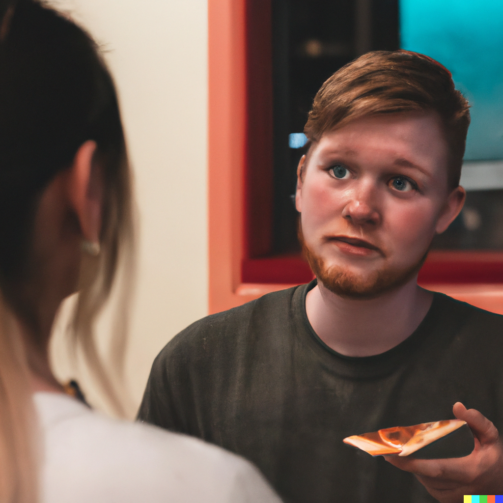 A young man at a pizza shop, listening to a young woman admonish him to trust the LORD.