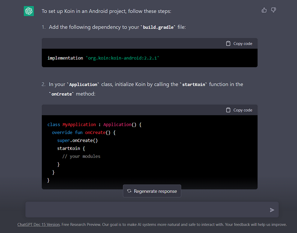 ChatGPT’s reply to the query: How to set up the Koin in the Android Project