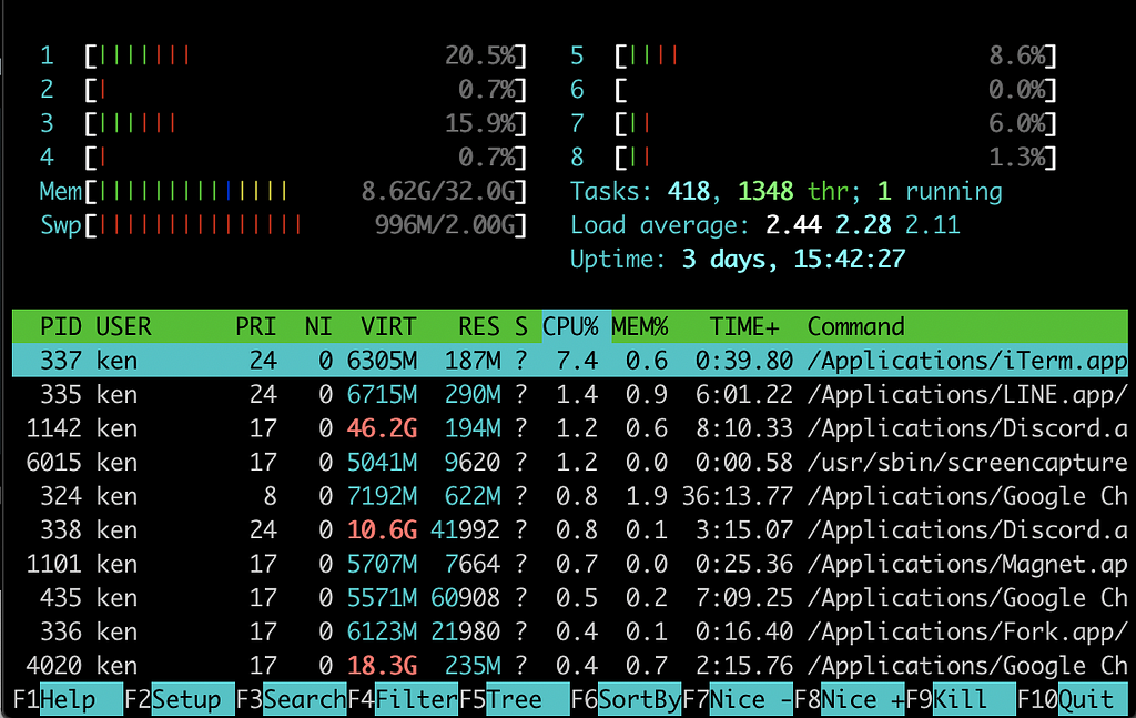 interface of htop