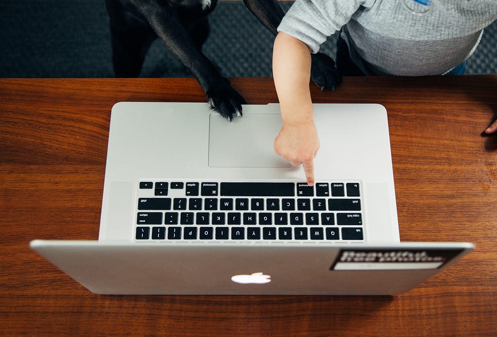 A laptop from above, showing a baby pressing a key and a dog using the touchpad.