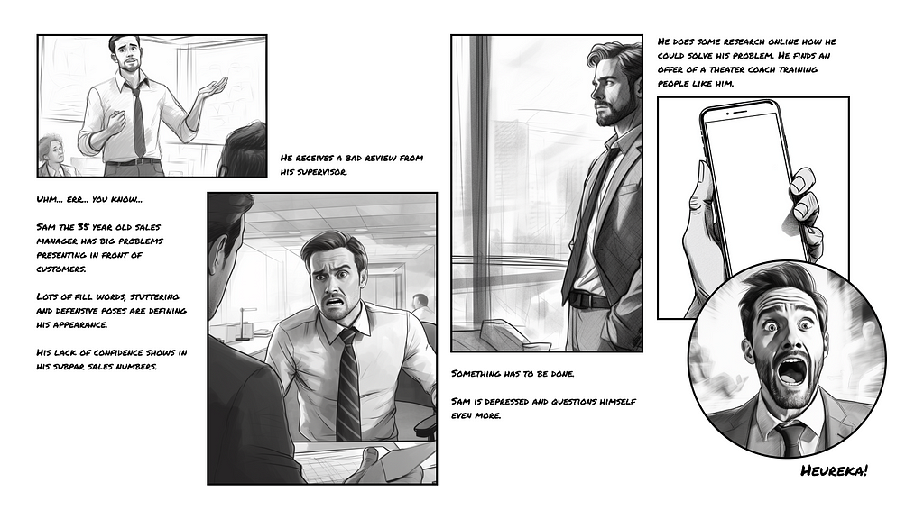 An example of a storyboard for a fictitious business of a presentation trainer. The images have been created with Midjourney v4
