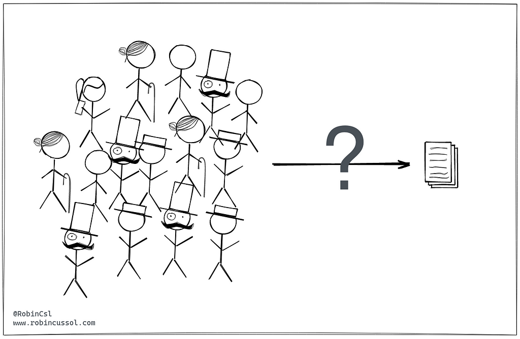 A mob of sticks figure with a question-mark-crossed arrow pointing to a stack of document