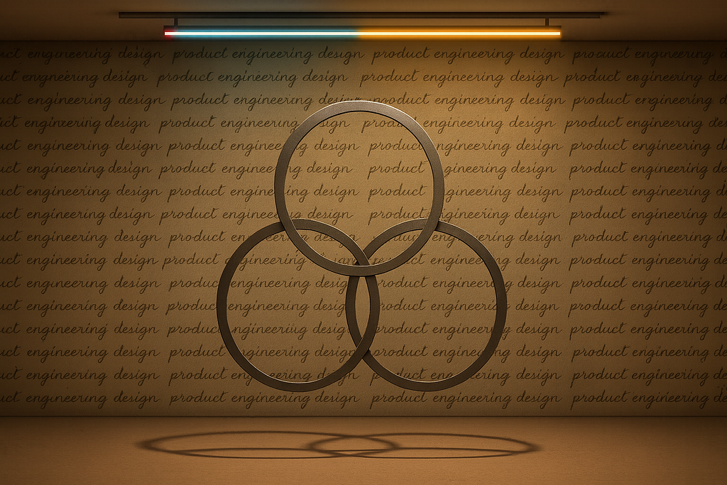 A modern art installation featuring three interlocking metal rings arranged in a Venn diagram shape, suspended in mid-air without visible support. The rings have a brushed metal finish that reflects the glow of a neon light strip above, which shifts from red to blue to amber. Shadows of the rings are cast on the floor and wall, which is covered in repeated cursive text reading “product engineering design” in staggered rows